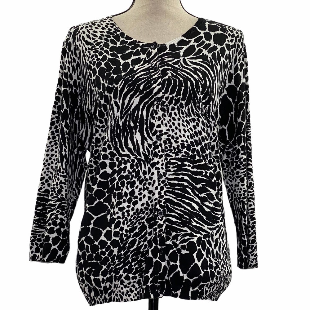 AUGUST Silk Black White Animal Cardigan Sweater XL